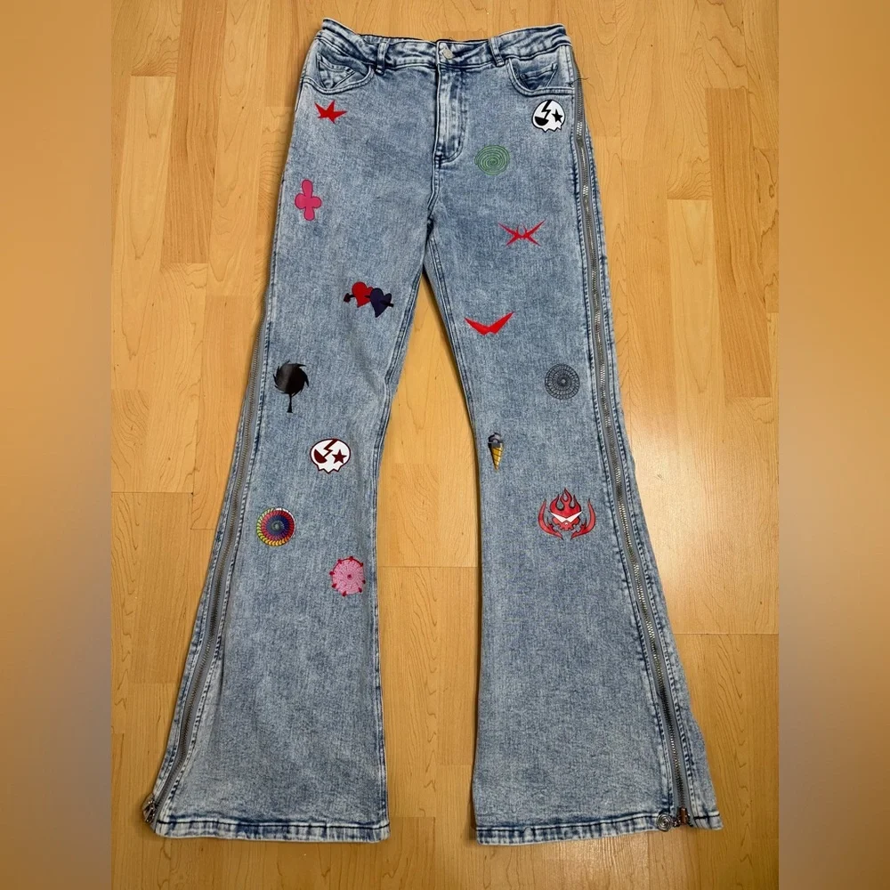 VEES Y2K Patchwork Flare Jeans Side Zipper Bell Bottom High Rise Festival - Picture 2 of 12